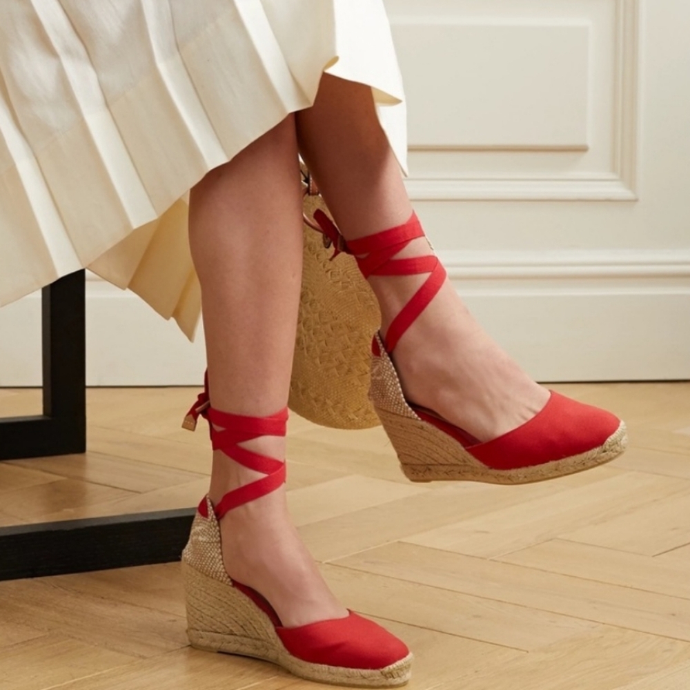 Castaner Red Canvas Wedge Espadrilles with Ankle Ties